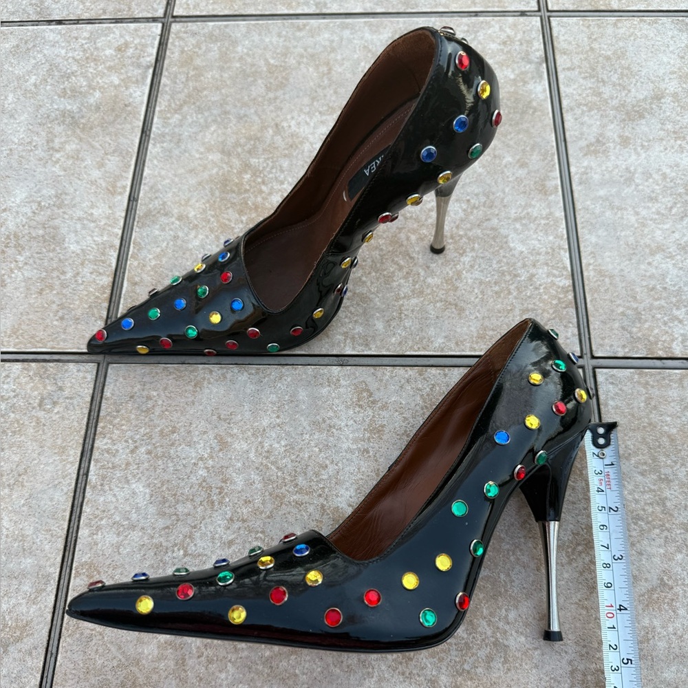 AREA Black Patent Leather Clear Jeweled Pointed Toe Pumps - Picture 7 of 16